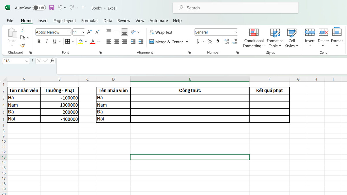 Sử dụng hàm VLOOKUP để xác định số tiền phạt của mỗi nhân viên