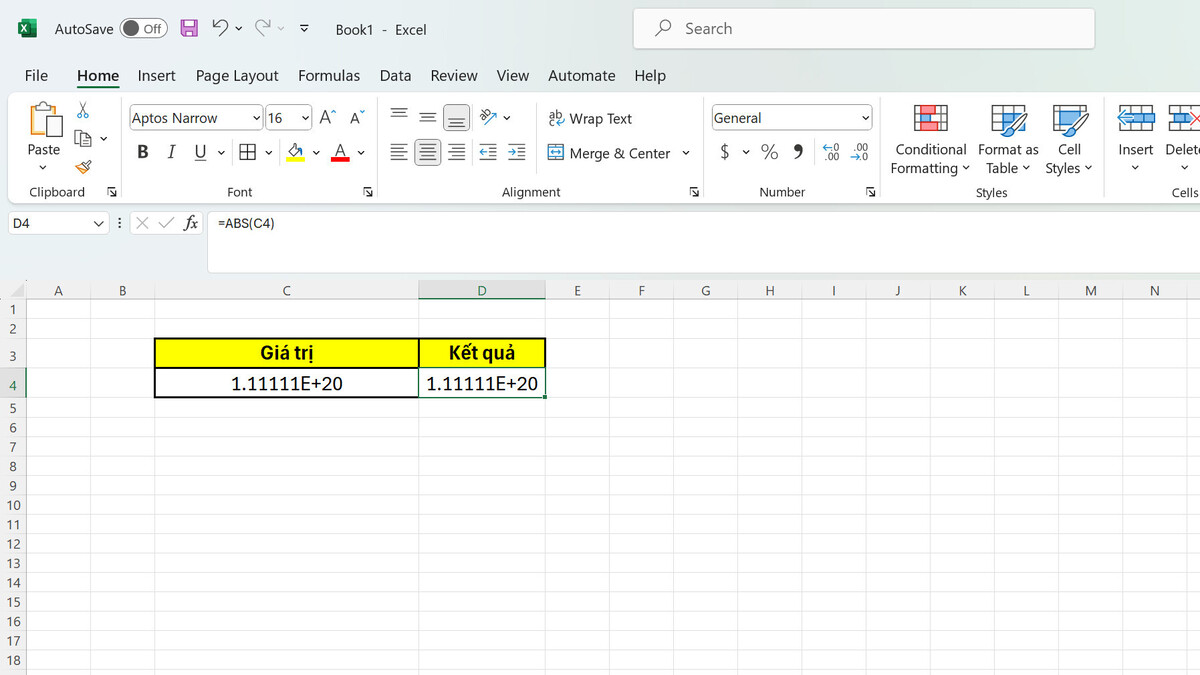 Hàm ABS hiển thị số 1,11E+20 sau khi nhấn Enter
