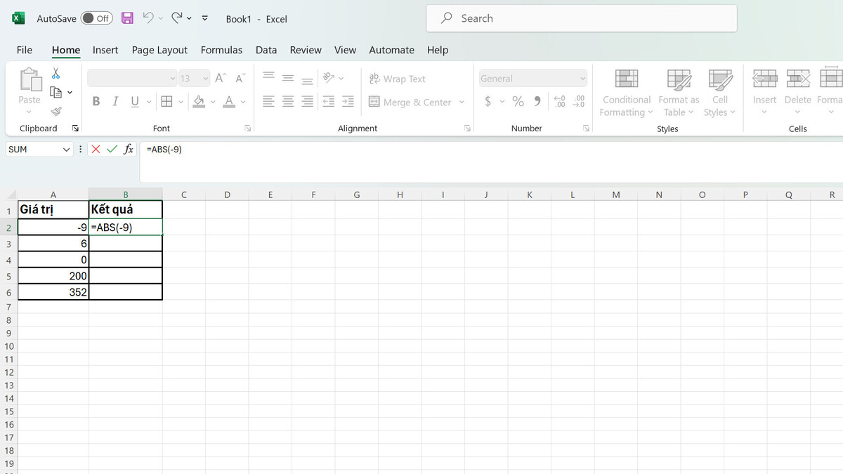 Nhập cú pháp =ABS(number)