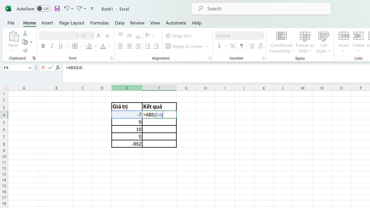 Nhập hàm ABS và chọn vào ô muốn tính giá trị tuyệt đối