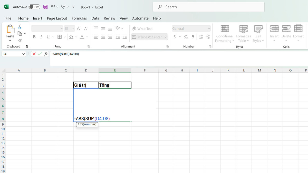 Nhập hàm ABS(SUM()) rồi kéo thả chuột các ô muốn tính