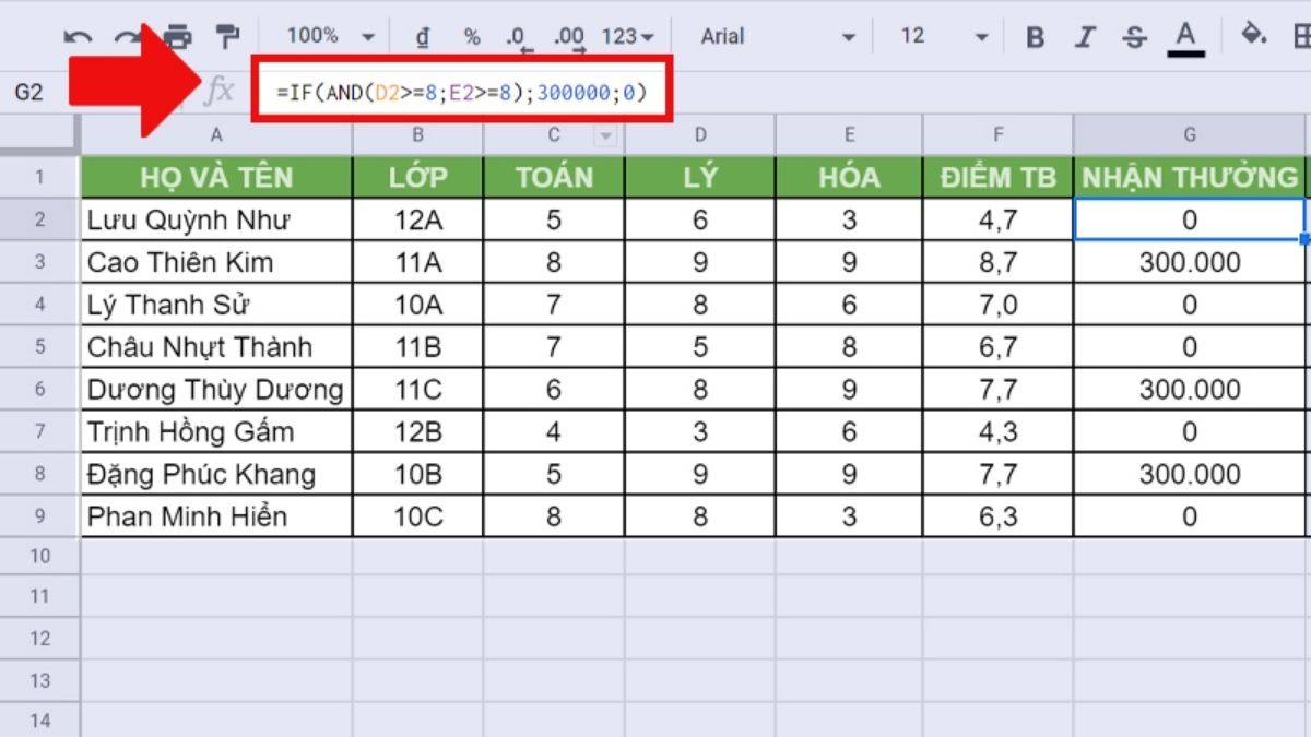 Sử dụng hàm IF AND trong Google Sheet