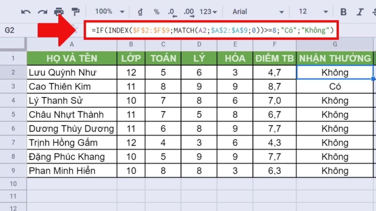 Hàm IF kết hợp với hàm INDEX, MATCH