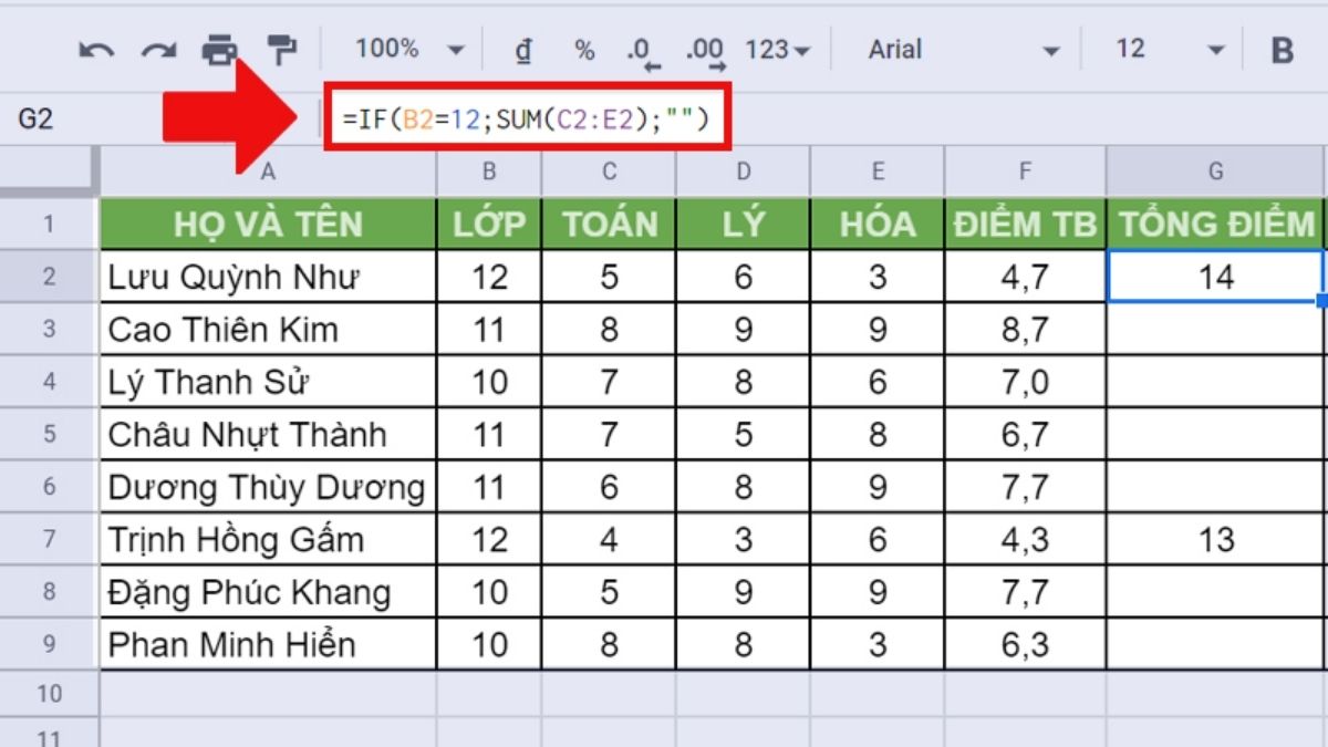 Hàm IF kết hợp với hàm SUM