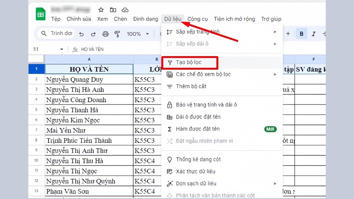 Nhấn Tạo bộ lọc