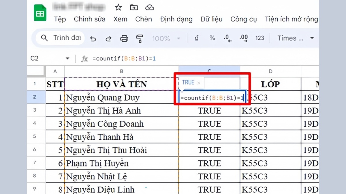 Lọc trùng trong Google Sheet bằng COUNTIF