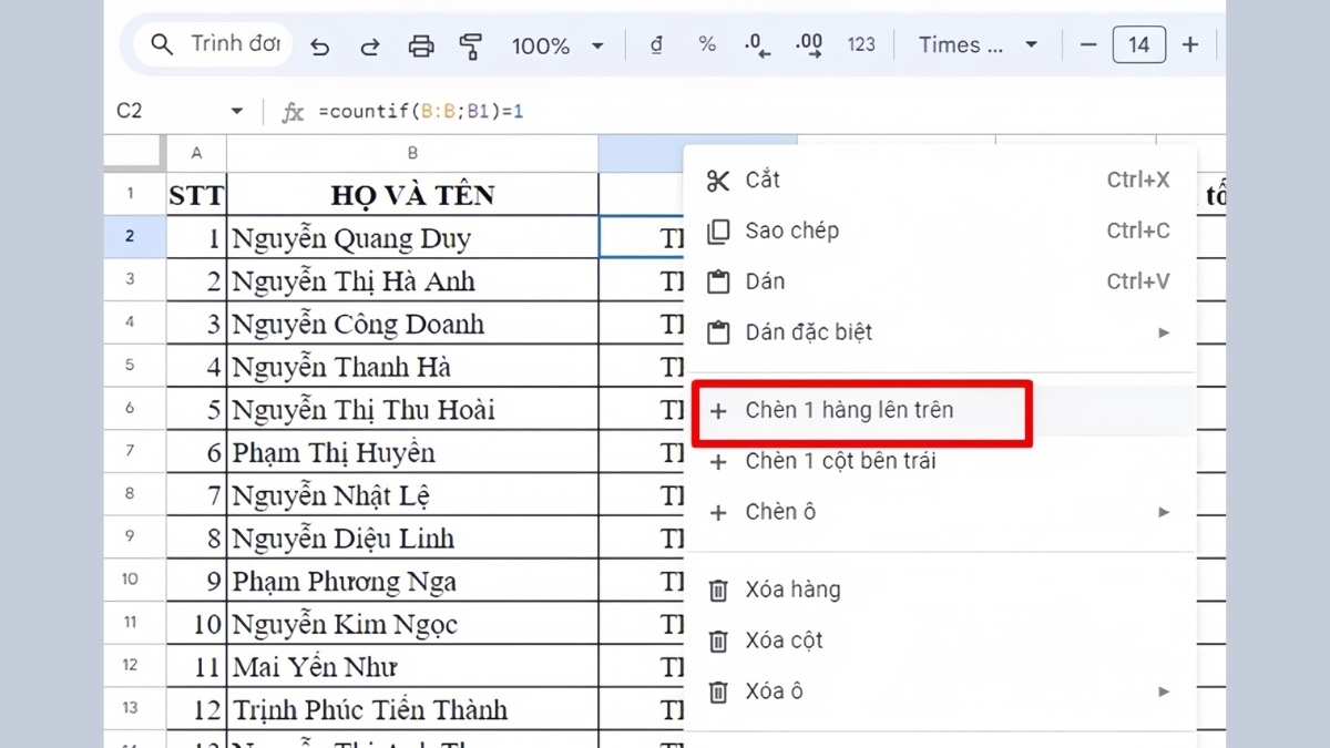 Chọn Thêm 1 hàng lên trên