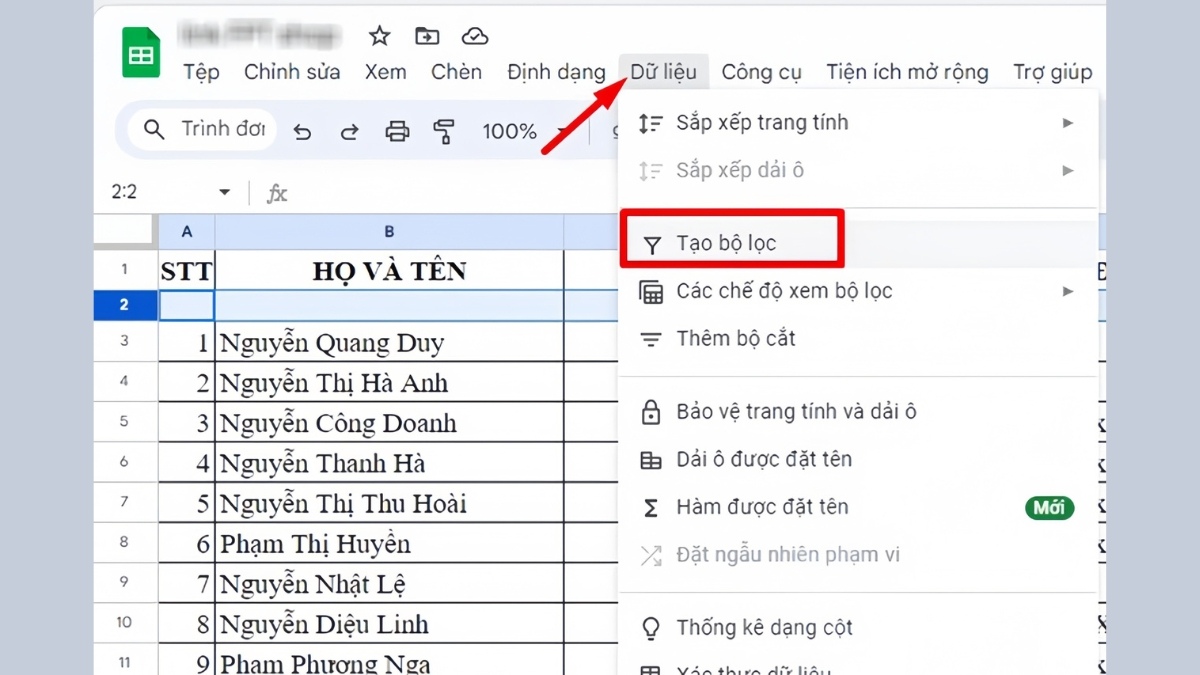 Chọn Tạo bộ lọc