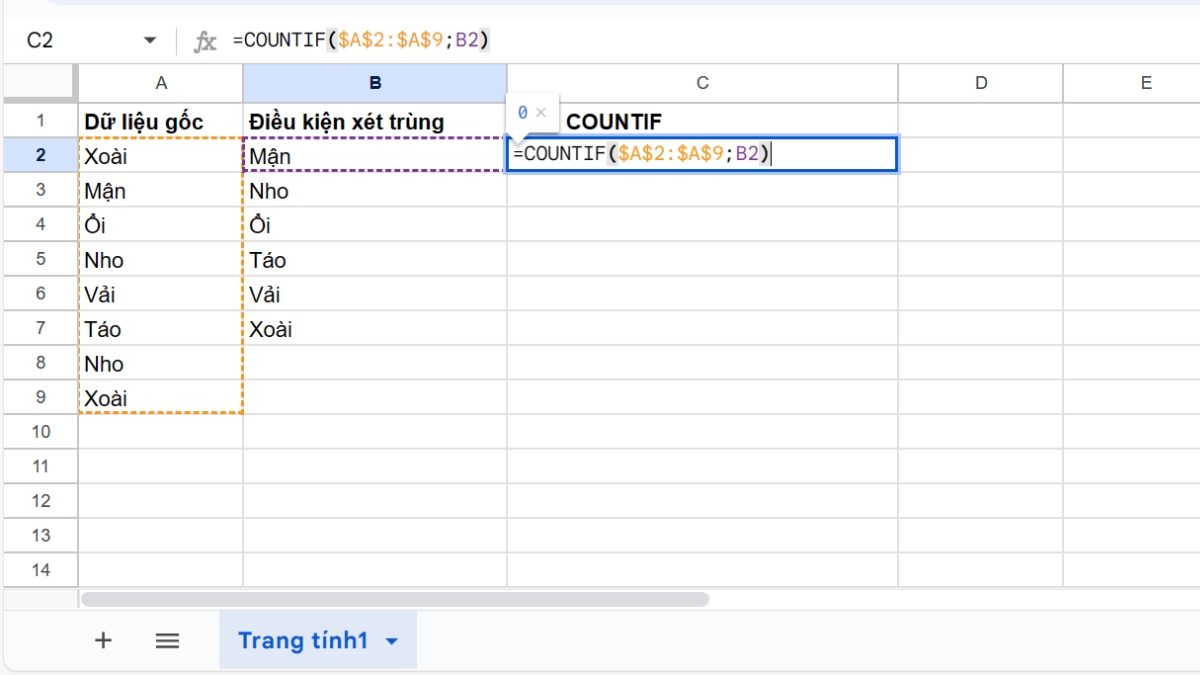 Lọc trùng dữ liệu Google Sheet đối với 2 cột