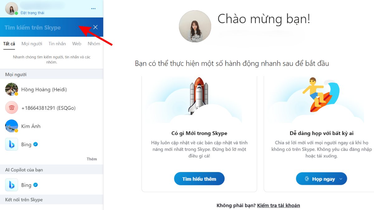 Chức năng tìm kiếm của Skype web