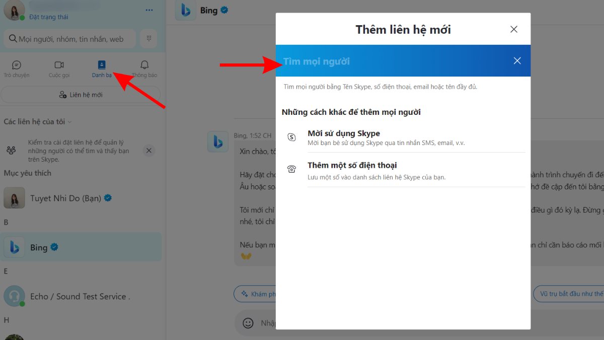 Thêm liên hệ trên Skype web