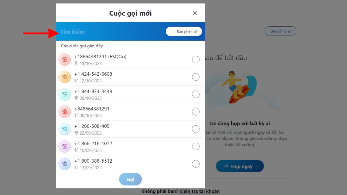 Tính năng cuộc gọi trên Skype web