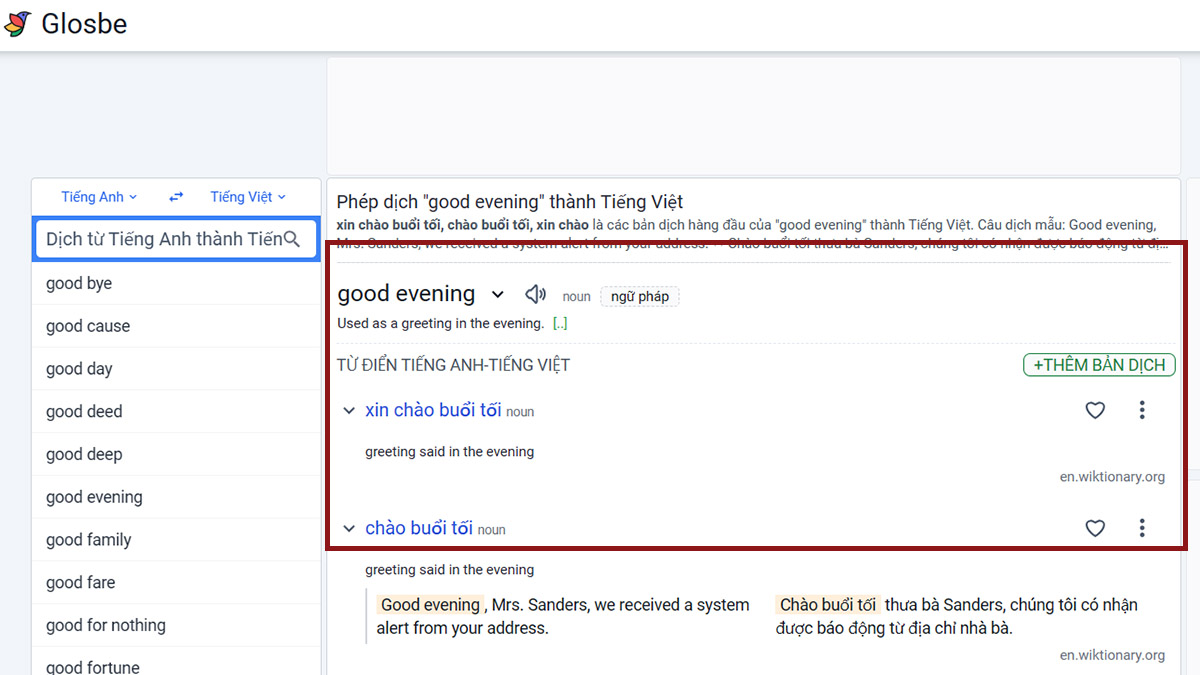 Tra từ điển tiếng Anh - Việt trên Glosbe bước 2