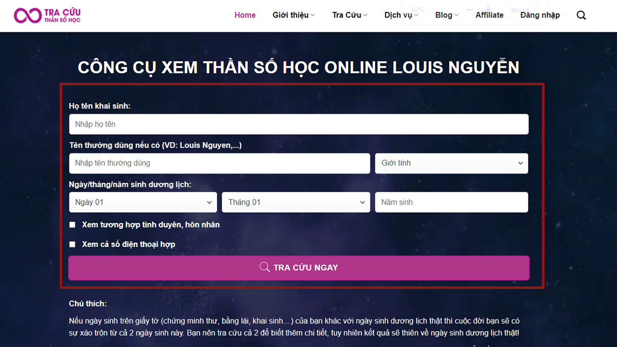 Cách tra cứu thần số học online bước 2