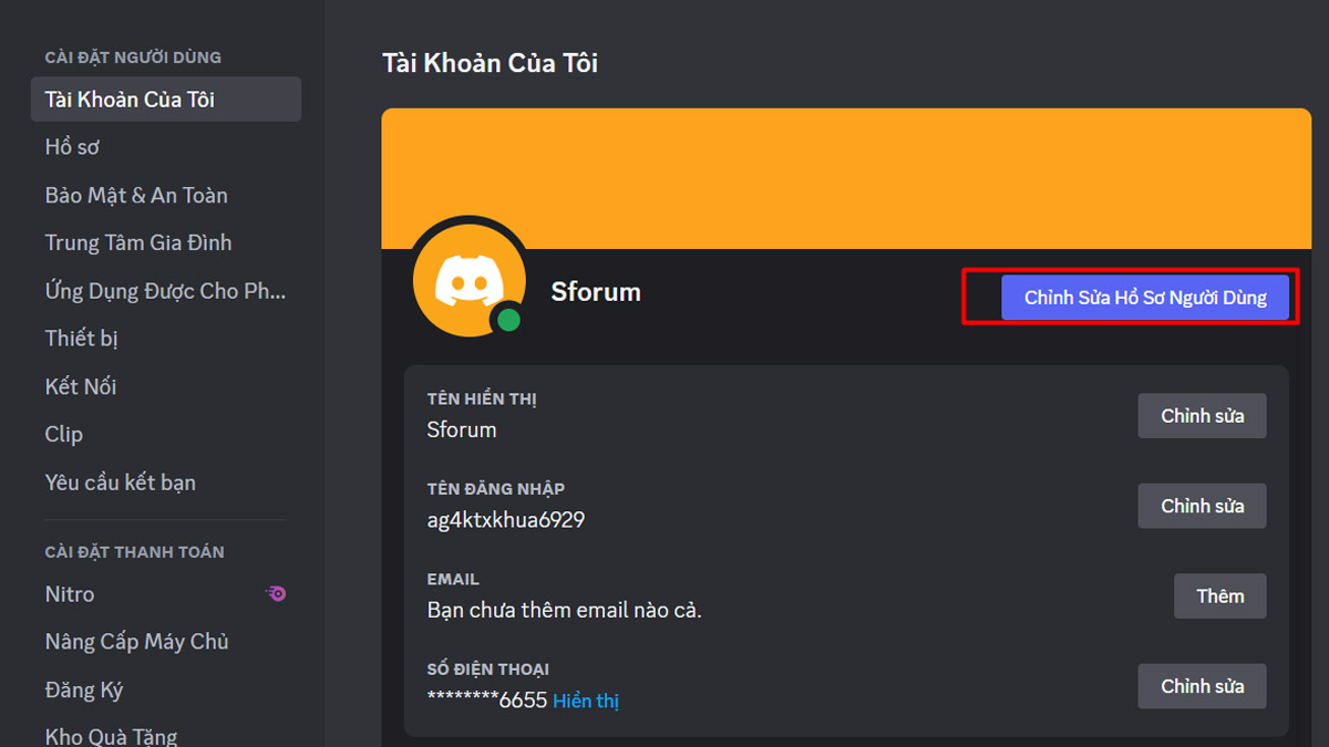 Chọn vào biểu tượng Chỉnh sửa hồ sơ người dùng bên cạnh tên đăng nhập