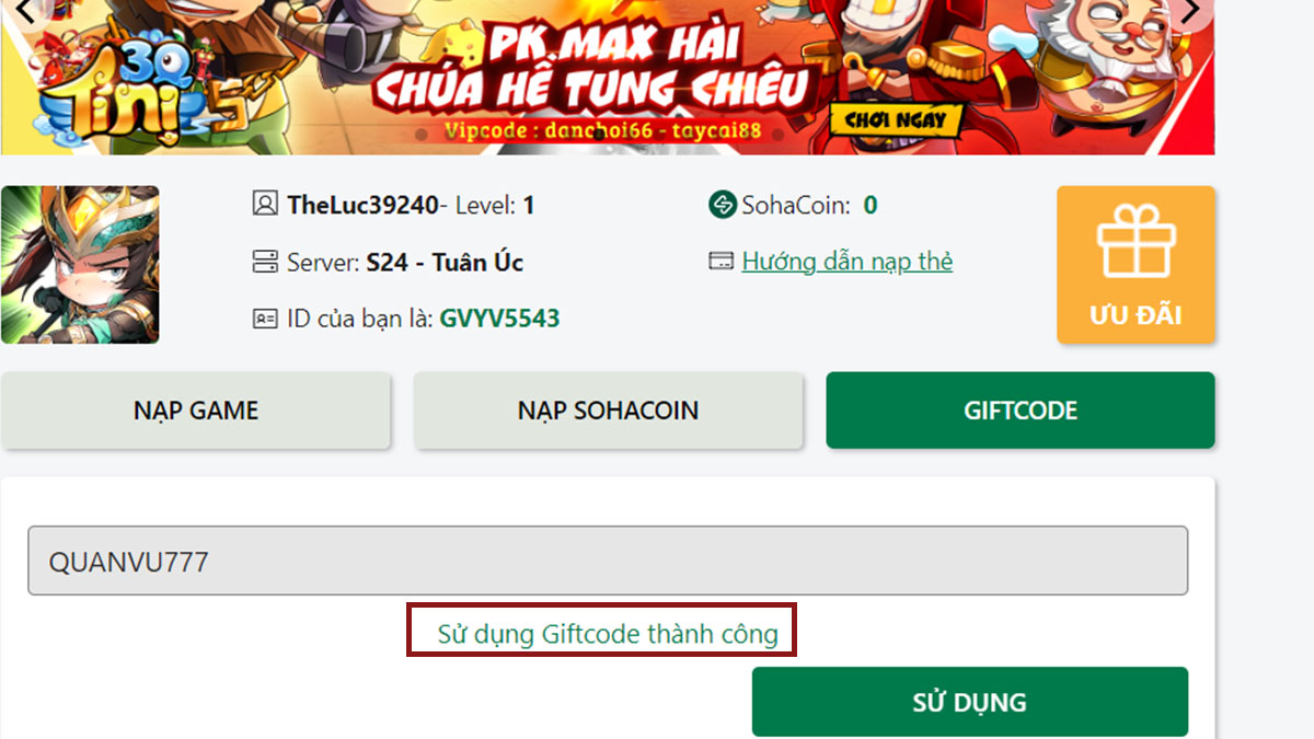 Hướng dẫn cách nhập code 3Q Chiến chiến chiến bước 5