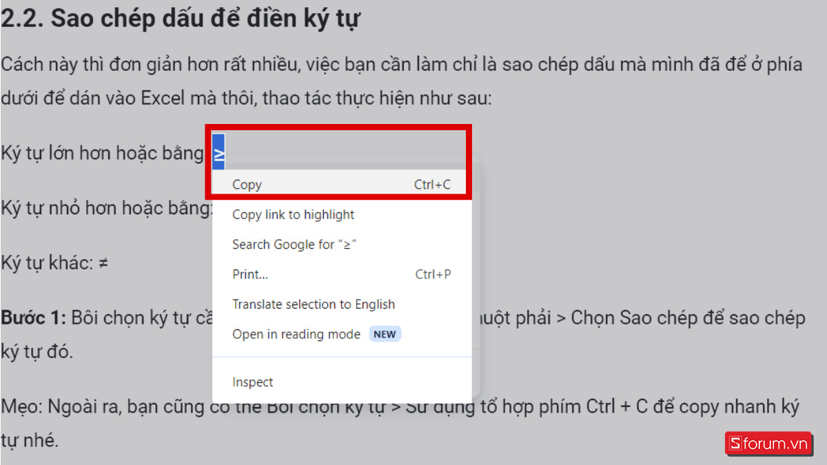 Sao chép dấu để điền ký tựdấu lớn hơn hoặc bằng bước 1