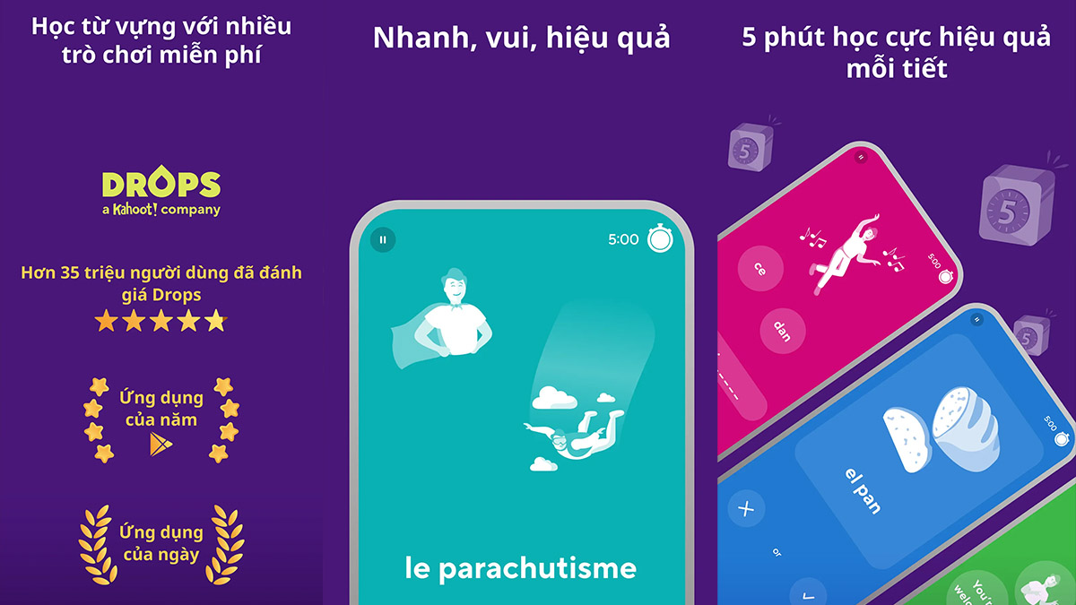 Một số tính năng nổi bật của Drops là học từ vựng qua trò chơi