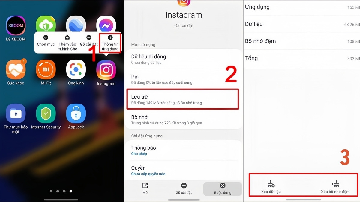 Xóa dữ liệu/ bộ nhớ trên ứng dụng để khắc phục Instagram bị lỗi filter