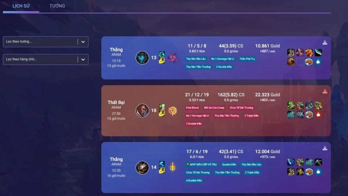Tính năng nổi bật của LmssPlus là xem lịch sử đấu