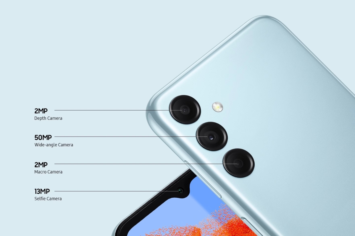 Galaxy M14 5G trang bị 3 camera gồm camera chính 50MP, camera macro 2MP và camera depth 2MP