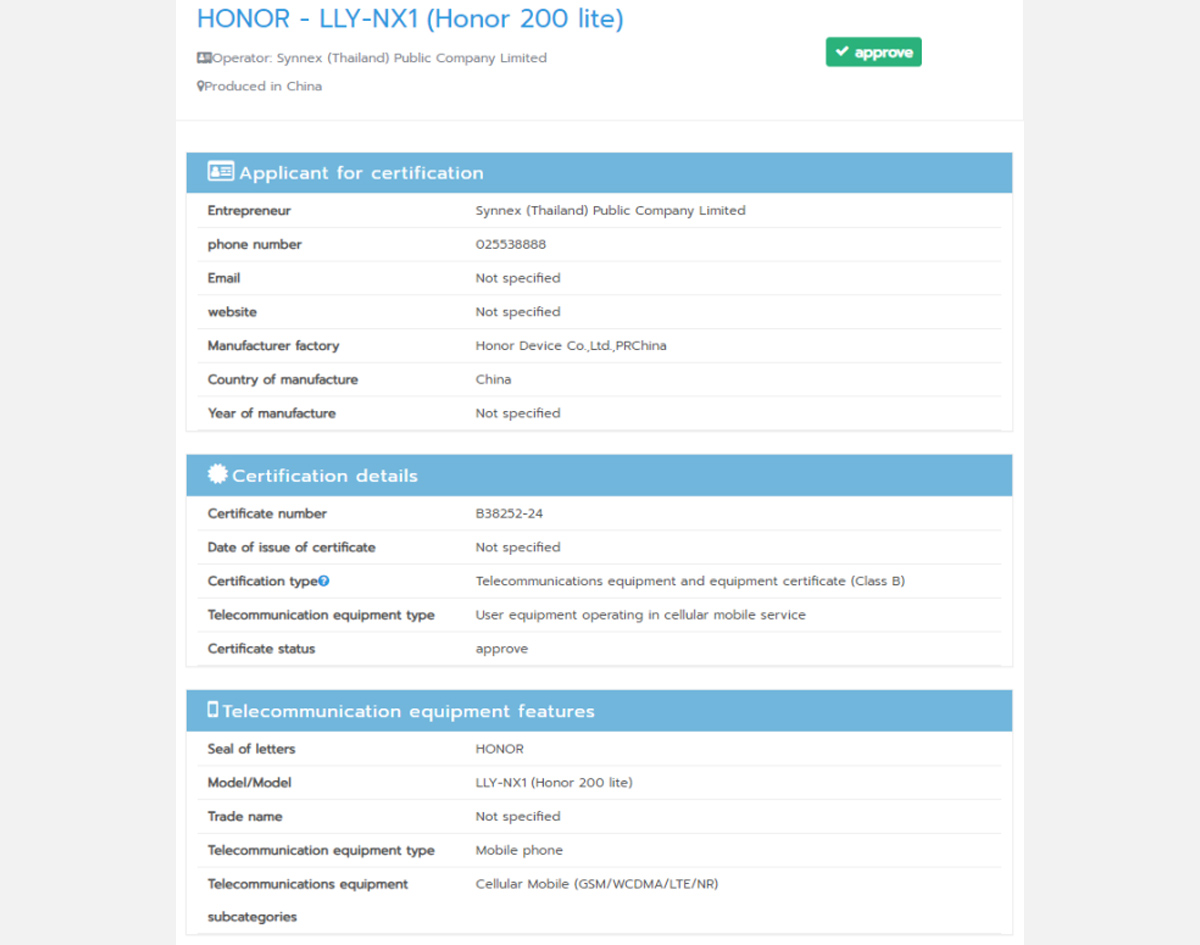 Gần đây, Honor 200 Lite lại một lần nữa lọt vào tầm ngắm khi xuất hiện trên trang website chứng nhận NBTC của Thái Lan
