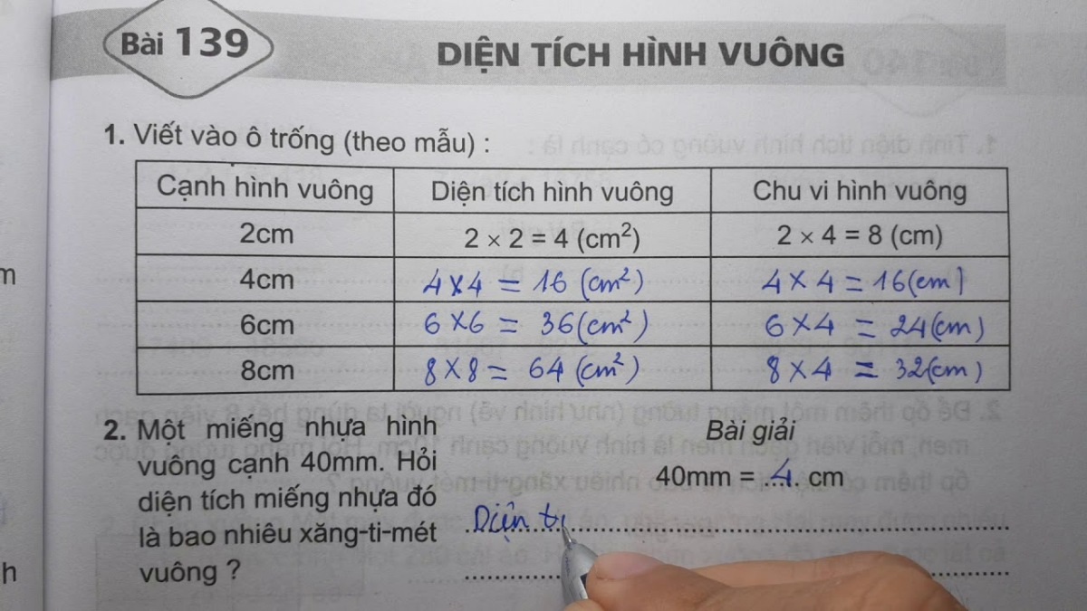 Một số bài tập ví dụ về diện tích hình vuông